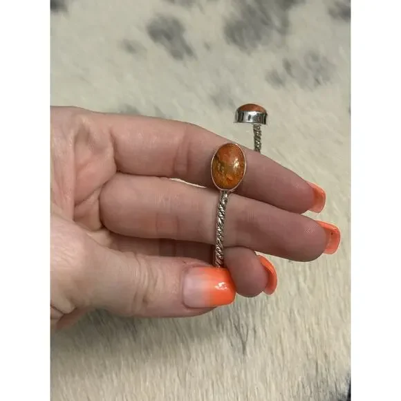 Vintage Native American Sterling Silver Orange Coral Floater Cuff Bracelet
